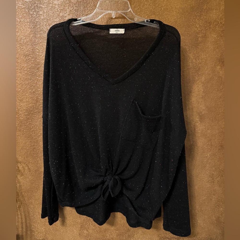 Entro Black Color Speckled Oversized Semi Sheer V Neck Tie Front Top Size Small